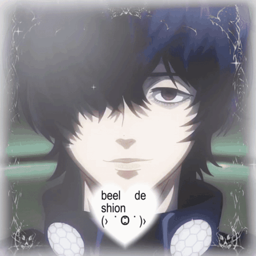A Picture Of A Boy With A Heart That Says ' Beel De Shion ' GIF