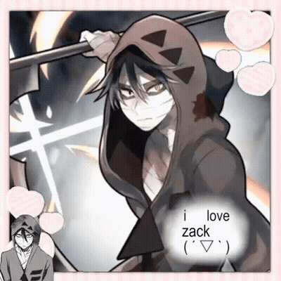 A Picture Of A Boy With A Hood And The Words " I Love Zack " On The Bottom GIF