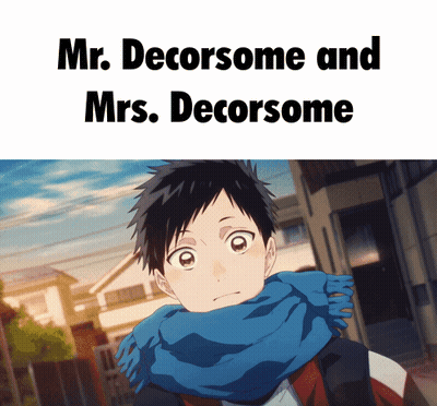 A Picture Of A Boy With A Scarf Around His Neck And The Words Mr. Decorsome And Mrs. Decorsome Above Him GIF