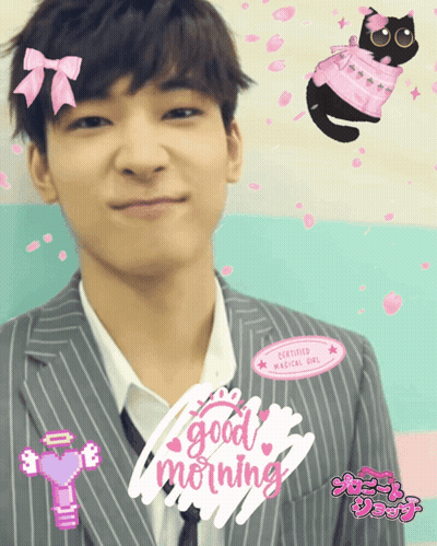 A Picture Of A Boy With A Sticker That Says Good Morning On It GIF
