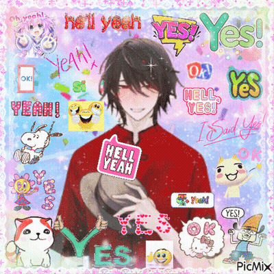 A Picture Of A Boy With A Sticker That Says " Hell Yeah " On It GIF