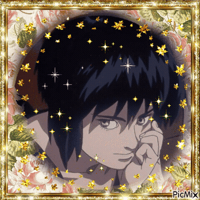 A Picture Of A Boy With Black Hair Is Surrounded By Flowers And Stars GIF