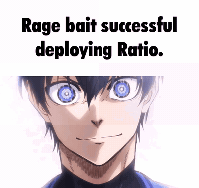 A Picture Of A Boy With Blue Eyes And The Words " Rage Bait Successful Deploying Ratio " Below Him GIF