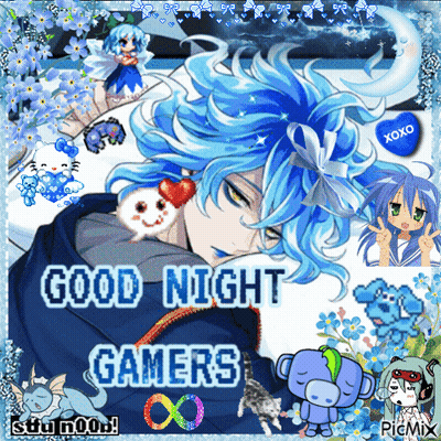 A Picture Of A Boy With Blue Hair And The Words Good Night Gamers On It GIF