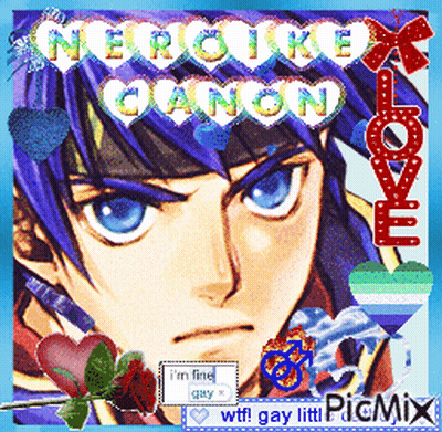 A Picture Of A Boy With Blue Hair Is Surrounded By Hearts And Says Mercike Canon GIF