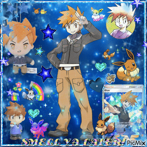 Boy With Eevee And Blue Trainer Card GIF