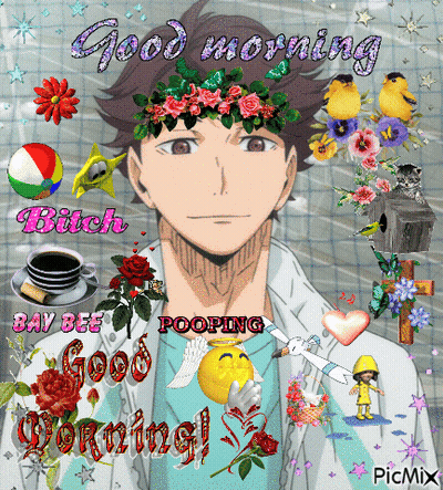 A Picture Of A Boy With Flowers On His Head And The Words Good Morning GIF