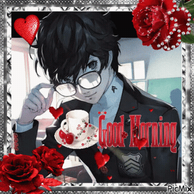 A Picture Of A Boy With Glasses And A Cup Of Coffee With The Words Good Morning On It GIF