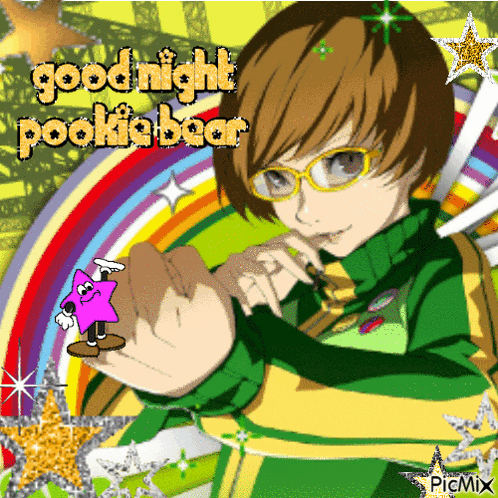 A Picture Of A Boy With Glasses And The Words Good Night Pookie Bear On The Bottom GIF