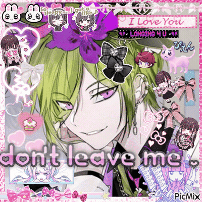 A Picture Of A Boy With Green Hair And Purple Eyes With The Words " Don T Leave Me " On The Bottom GIF