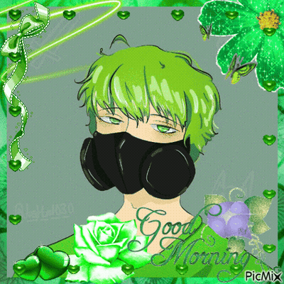 A Picture Of A Boy With Green Hair Wearing A Gas Mask With The Words Good Morning On The Bottom GIF