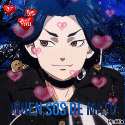 A Picture Of A Boy With Hearts Around Him And The Words " When Sos De Matu " On The Bottom GIF