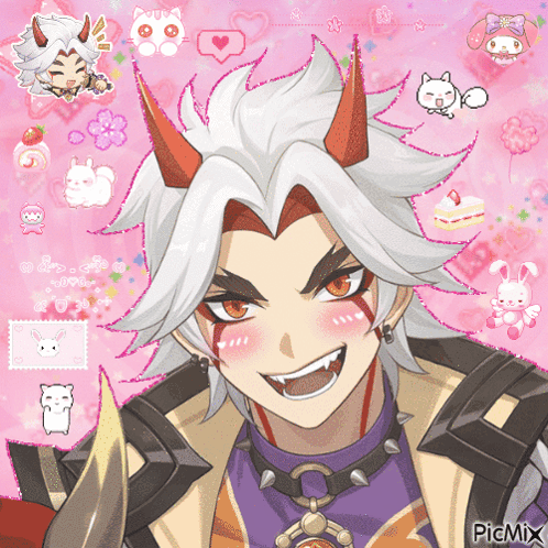 A Picture Of A Boy With Horns And A Pink Background With Picmix In The Corner GIF