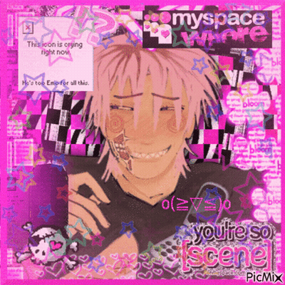 A Picture Of A Boy With Pink Hair And A Skeleton On His Face With The Words " You 'Re So Scene " On The Bottom GIF