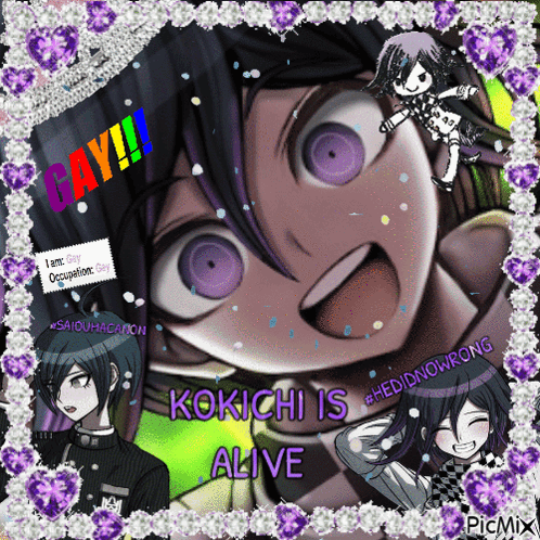 A Picture Of A Boy With Purple Eyes And The Words Kokichi Is Alive GIF