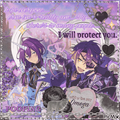 A Picture Of A Boy With Purple Hair And A Heart That Says Omega On It GIF