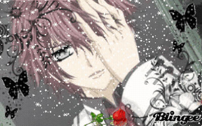 A Picture Of A Boy With Purple Hair And The Word Blingee On The Bottom GIF