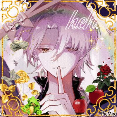A Picture Of A Boy With Purple Hair And The Word Heh GIF