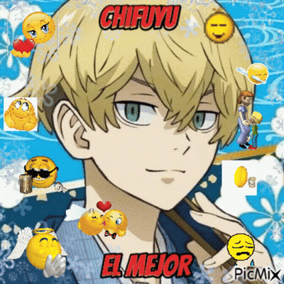 A Picture Of A Boy With Smiley Faces Around His Head And The Words Chifuyu El Mejor GIF