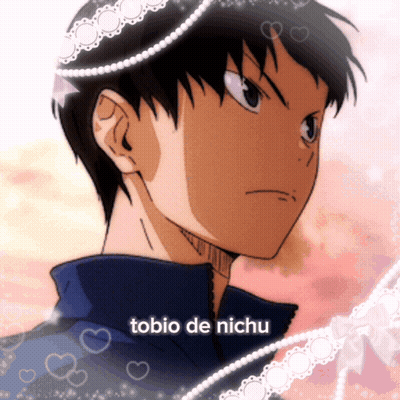 A Picture Of A Boy With The Name Tobio De Nichu Written On It GIF