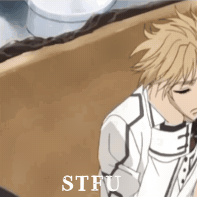 A Picture Of A Boy With The Word Stfu Written On It GIF
