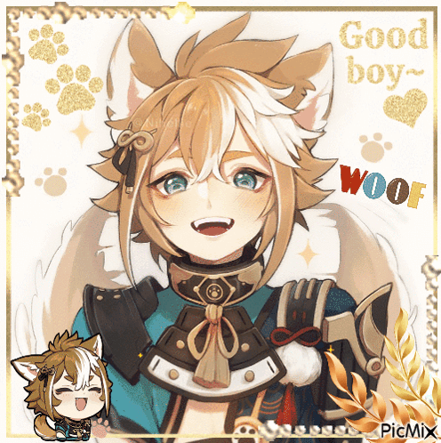 A Picture Of A Boy With The Words Good Boy Woof GIF