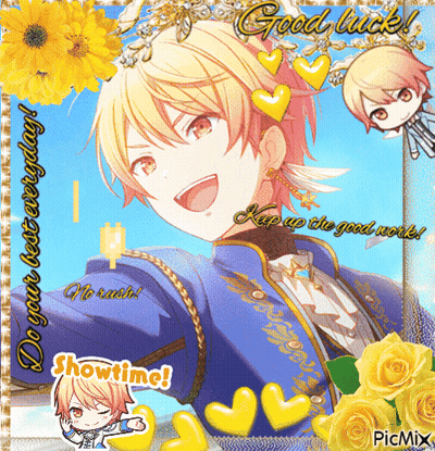 A Picture Of A Boy With The Words Good Luck And Showtime GIF
