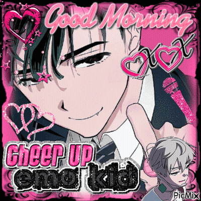 A Picture Of A Boy With The Words " Good Morning Cheer Up Emo Kid " GIF