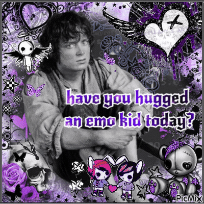 A Picture Of A Boy With The Words " Have You Hugged An Emo Kid Today " On It GIF