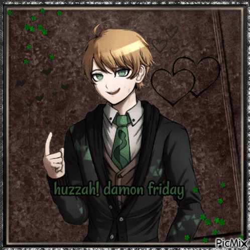 A Picture Of A Boy With The Words Huzzah Damon Friday GIF