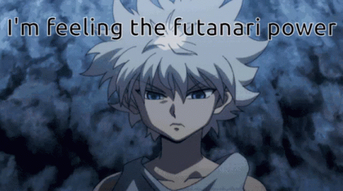 A Picture Of A Boy With The Words " I 'M Feeling The Futanari Power " On It GIF