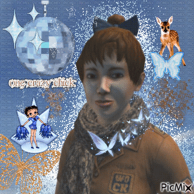 A Picture Of A Boy With The Words One Crazy Chick Written On The Bottom GIF