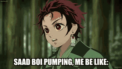 A Picture Of A Boy With The Words " Saad Boi Pumping Me Be Like " On The Bottom GIF