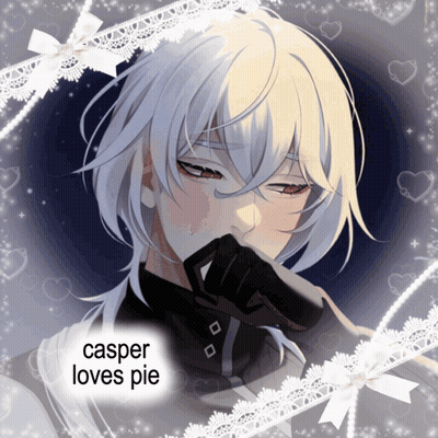 A Picture Of A Boy With White Hair And The Words Casper Loves Pie On The Bottom GIF