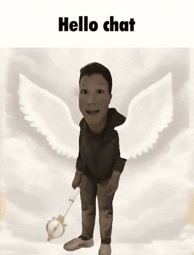 A Picture Of A Boy With Wings And The Words Hello Chat Above Him GIF