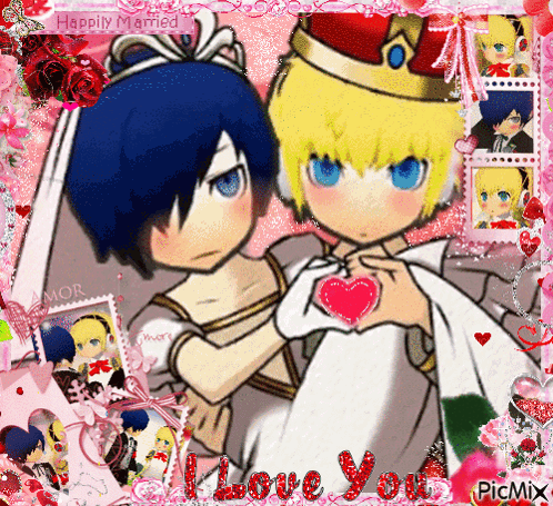 A Picture Of A Bride And Groom With The Words " Happily Married " On The Top GIF