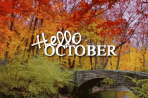 A Picture Of A Bridge And Trees With The Words Hello October GIF