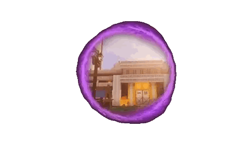 A Picture Of A Building With A Purple Circle Around It Sticker