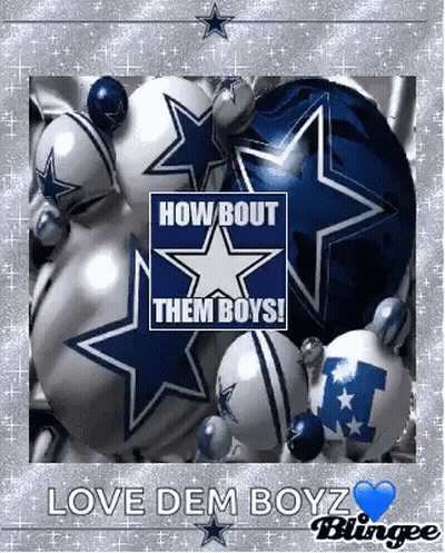 A Picture Of A Bunch Of Cowboys Balloons With The Words `` How Bout Them Boys '' Written On It . GIF