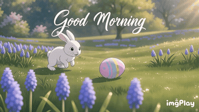 a picture of a bunny and an easter egg with the words " good morning " below it