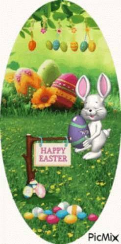 A Picture Of A Bunny Holding An Easter Egg And A Sign That Says " Happy Easter " GIF