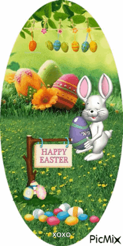 A Picture Of A Bunny Holding An Easter Egg With A Sign That Says Happy Easter GIF