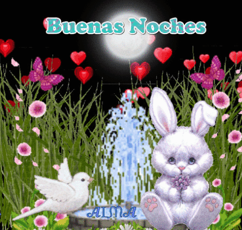 A Picture Of A Bunny With The Words Buenas Noches Written Above It GIF