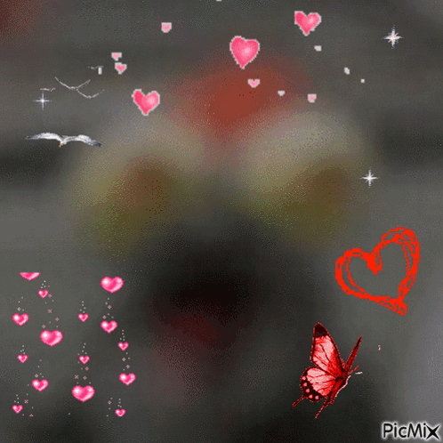 A Picture Of A Butterfly Surrounded By Pink Hearts And A Heart That Says Picmix On It GIF