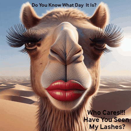 A Picture Of A Camel With Red Lips And Lashes With The Caption " Do You Know What Day It Is " GIF