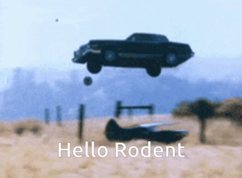 A Picture Of A Car Flying Through The Air With The Words Hello Rodent On The Bottom GIF