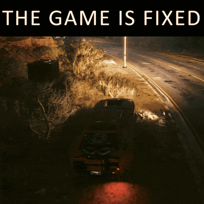 A Picture Of A Car On The Side Of A Road With The Words The Game Is Fixed Above It GIF
