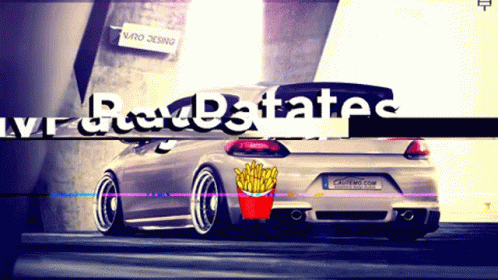A Picture Of A Car With A Bucket Of French Fries On The Back Of It GIF