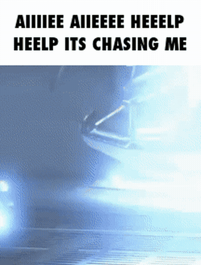 A Picture Of A Car With The Words Aiiiiee Aiieeee Heelp Heelp Its Chasing Me Written On It GIF