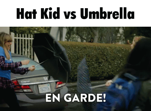 A Picture Of A Car With The Words Hat Kid Vs Umbrella En Garde On It GIF